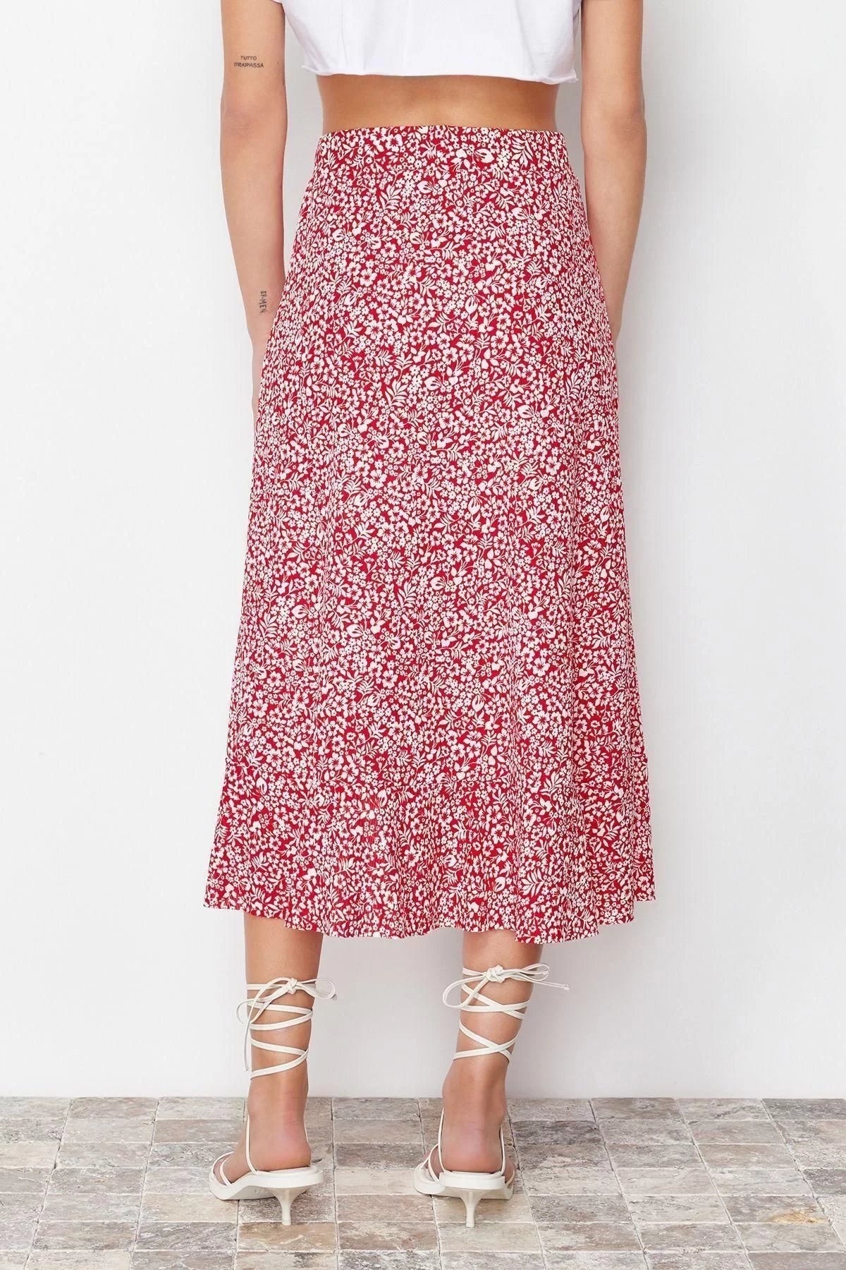 Style Regular Polka Dot Daily Midi Length Printed High Waist Elastic Knitted Skirt with Gathered Detail and Flounce