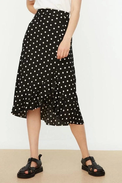 Style Regular Polka Dot Daily Midi Length Printed High Waist Elastic Knitted Skirt with Gathered Detail and Flounce