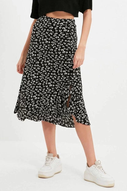 Style Regular Polka Dot Daily Midi Length Printed High Waist Elastic Knitted Skirt with Gathered Detail and Flounce