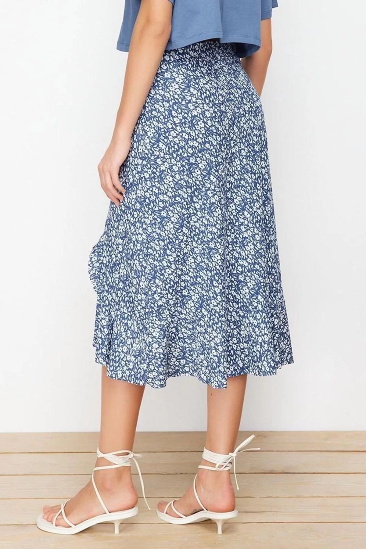 Style Regular Polka Dot Daily Midi Length Printed High Waist Elastic Knitted Skirt with Gathered Detail and Flounce