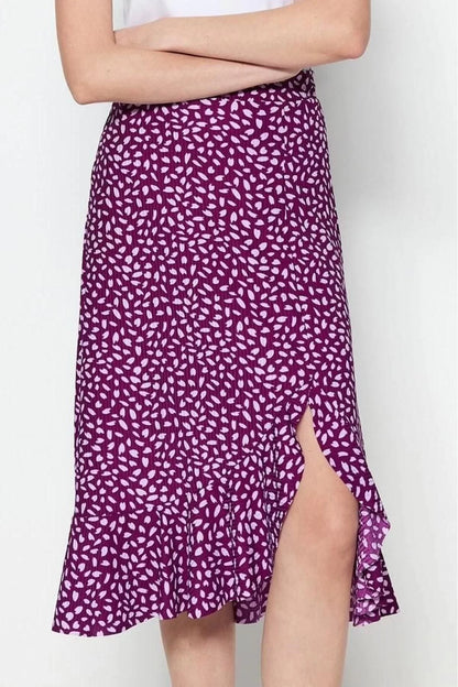 Style Regular Polka Dot Daily Midi Length Printed High Waist Elastic Knitted Skirt with Gathered Detail and Flounce