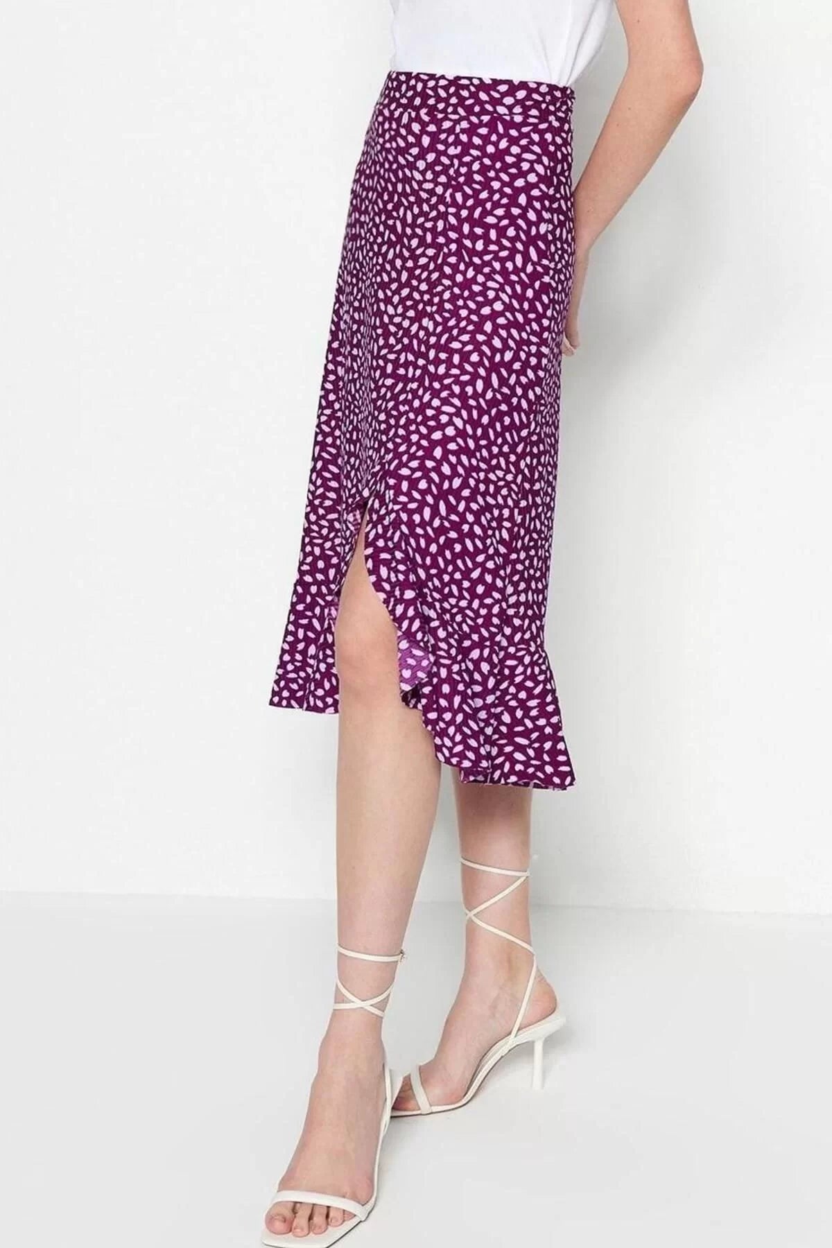 Style Regular Polka Dot Daily Midi Length Printed High Waist Elastic Knitted Skirt with Gathered Detail and Flounce