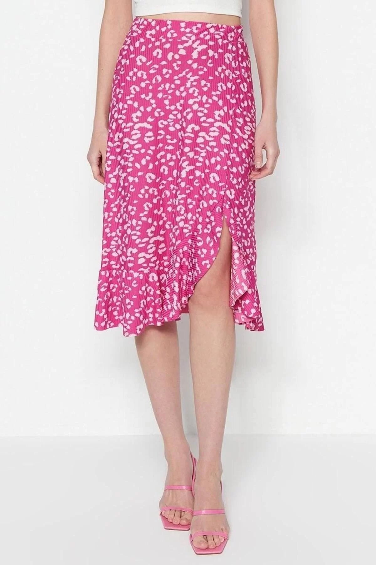 Style Regular Polka Dot Daily Midi Length Printed High Waist Elastic Knitted Skirt with Gathered Detail and Flounce