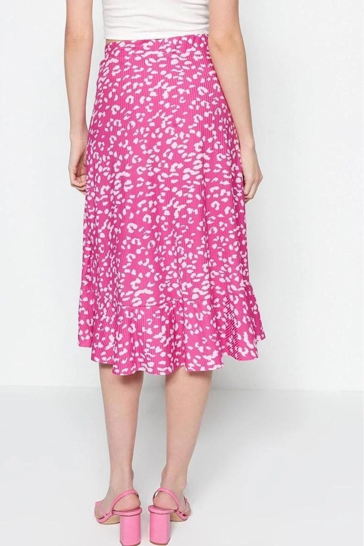 Style Regular Polka Dot Daily Midi Length Printed High Waist Elastic Knitted Skirt with Gathered Detail and Flounce