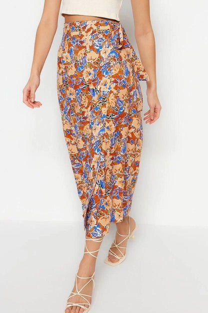 Fashion Regular Floral Pattern Casual Midi Length Double Breasted Viscose Fabric Midi Length Woven Skirt