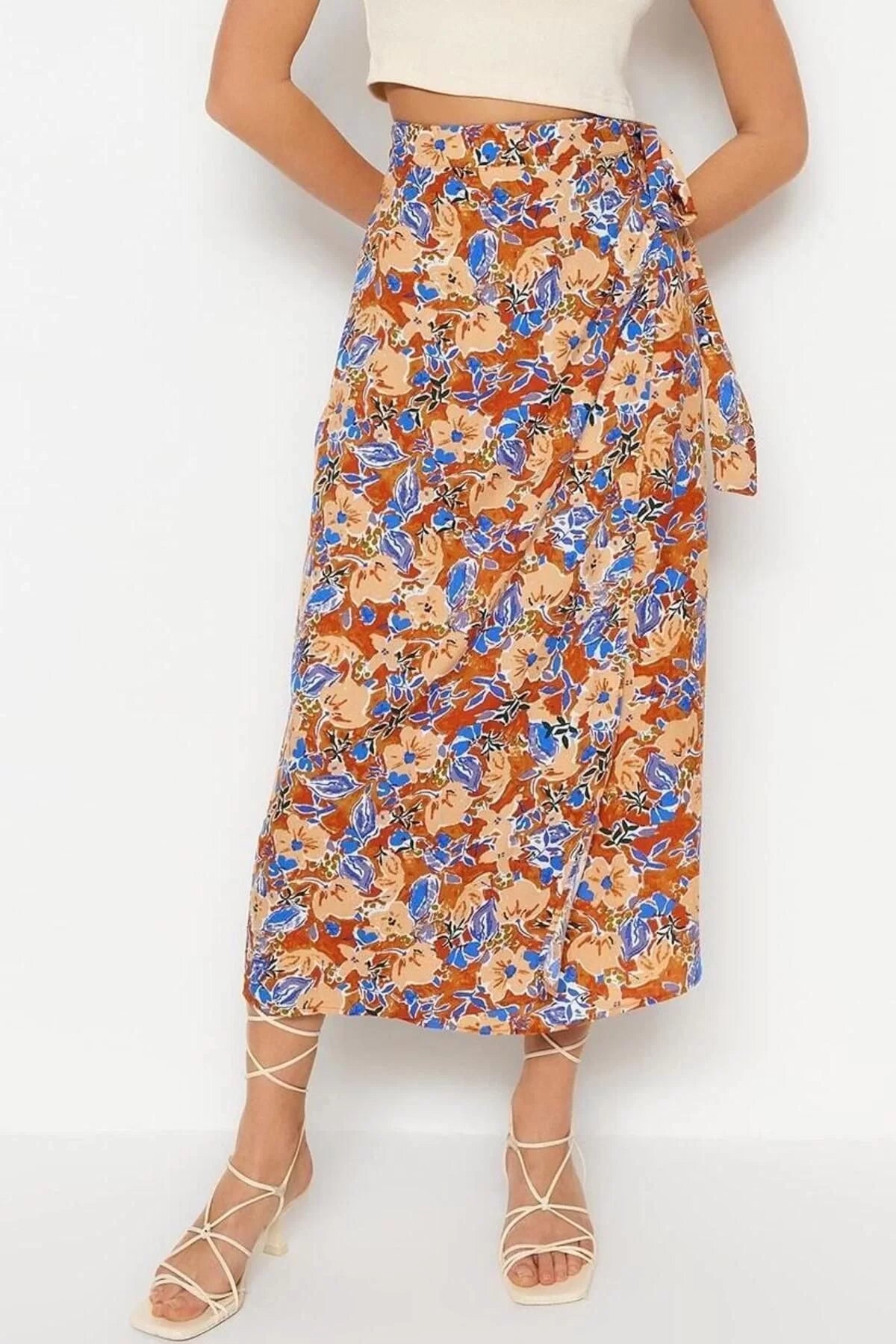 Fashion Regular Floral Pattern Casual Midi Length Double Breasted Viscose Fabric Midi Length Woven Skirt