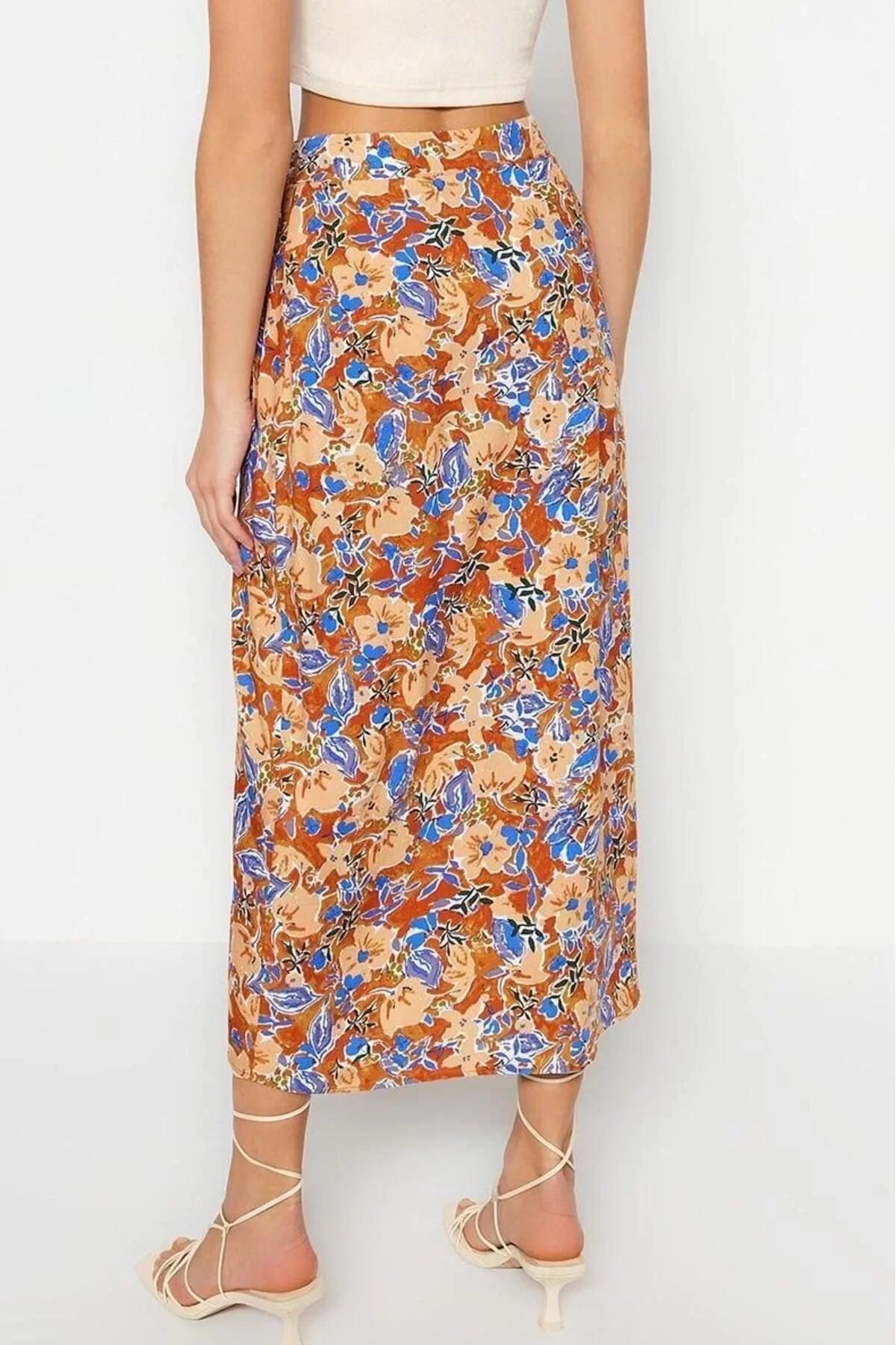 Fashion Regular Floral Pattern Casual Midi Length Double Breasted Viscose Fabric Midi Length Woven Skirt