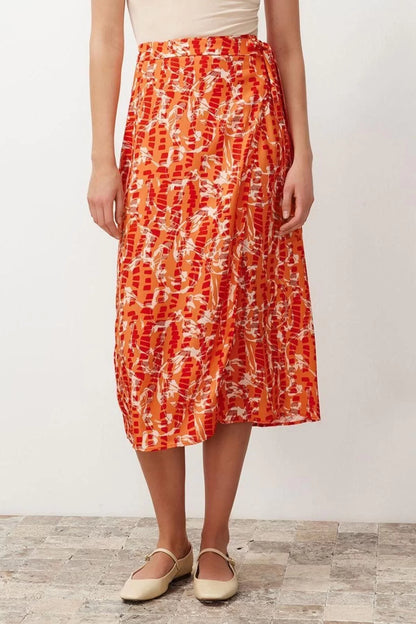 Fashion Regular Floral Pattern Casual Midi Length Double Breasted Viscose Fabric Midi Length Woven Skirt