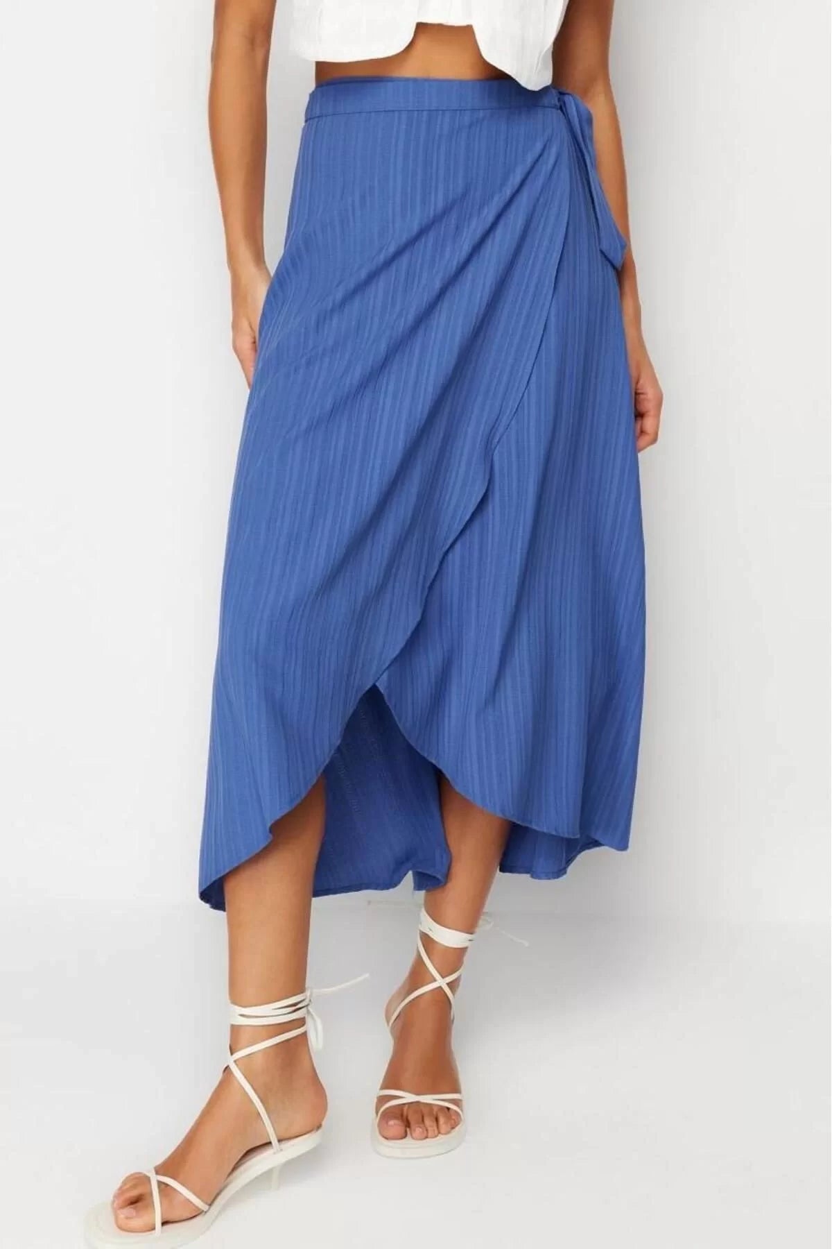 Fashion Double Breasted Plain Pattern Daily Midi Length Double Breasted Closure Tie Detailed Midi Woven Skirt