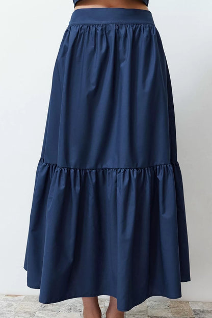 Fashion Flared Plain Pattern Casual Maxi Length Flared Cotton Maxi Length Woven Skirt