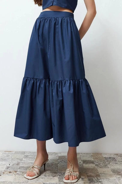 Fashion Flared Plain Pattern Casual Maxi Length Flared Cotton Maxi Length Woven Skirt