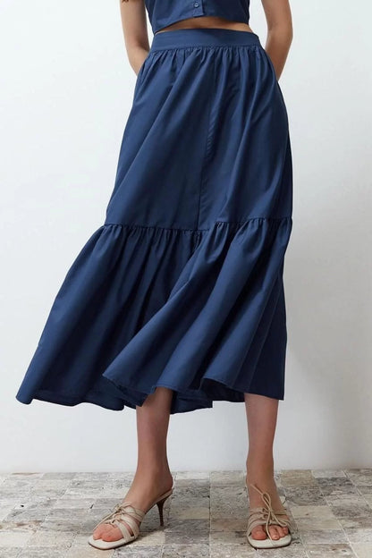 Fashion Flared Plain Pattern Casual Maxi Length Flared Cotton Maxi Length Woven Skirt