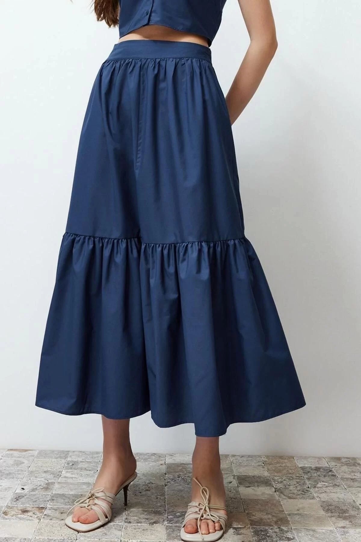 Fashion Flared Plain Pattern Casual Maxi Length Flared Cotton Maxi Length Woven Skirt