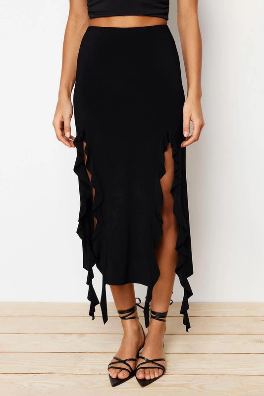 Style Regular Plain Pattern Daily Midi Length Slit and Ruffle Detailed Maxi Skirt