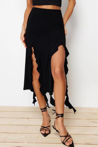 Style Regular Plain Pattern Daily Midi Length Slit and Ruffle Detailed Maxi Skirt