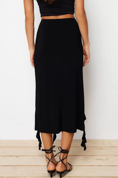 Style Regular Plain Pattern Daily Midi Length Slit and Ruffle Detailed Maxi Skirt