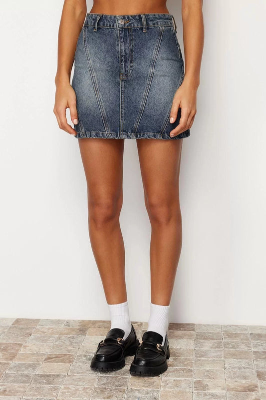 Fashion Denim Plain Pattern Casual Mini Length More Sustainable Stitching Detail High Waist Mini Denim Skirt