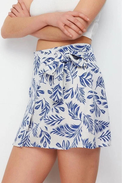 Style Regular Floral Pattern Daily Mini Length Tie Detailed Double Breasted Woven Linen Look Skirt