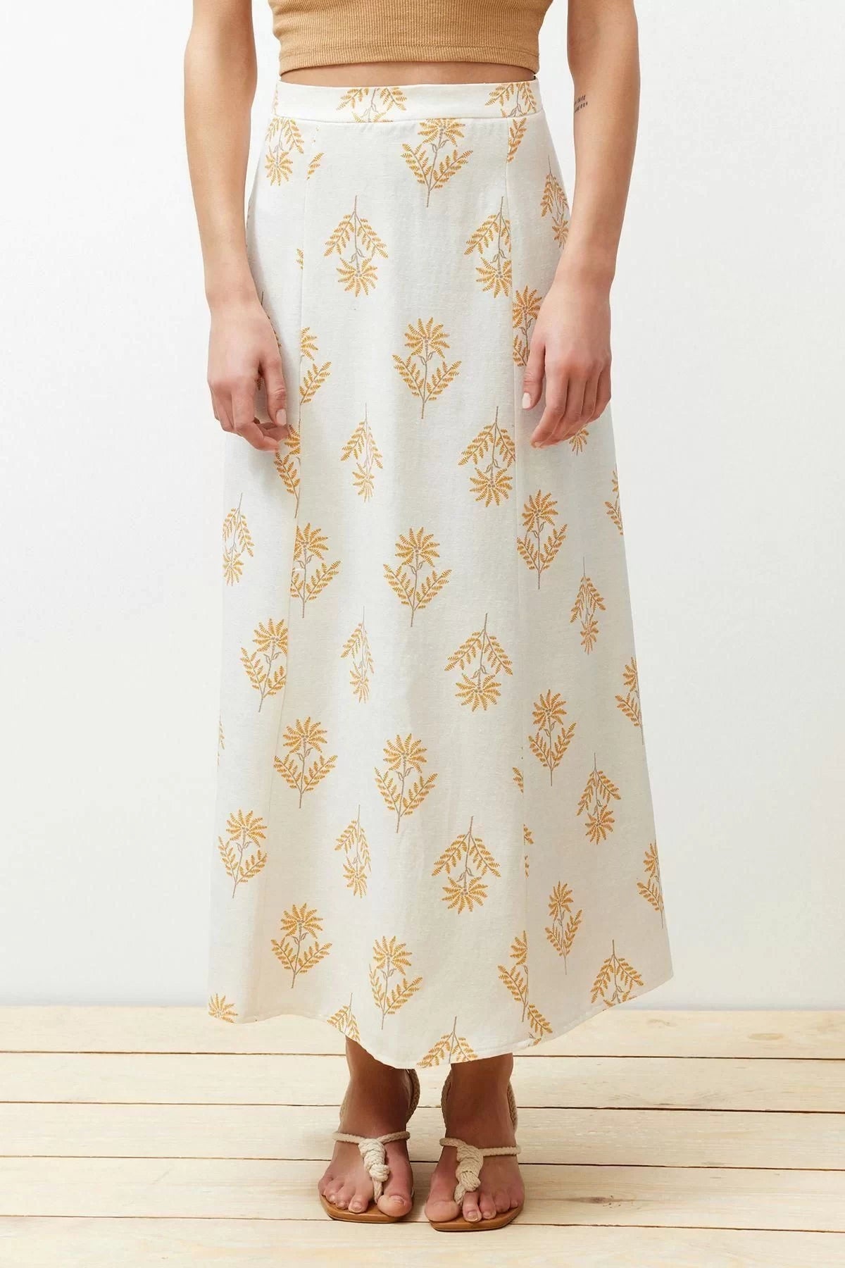 Fashion Regular Floral Pattern Casual Midi Length A-Line Midi Length Woven Linen Blend Skirt