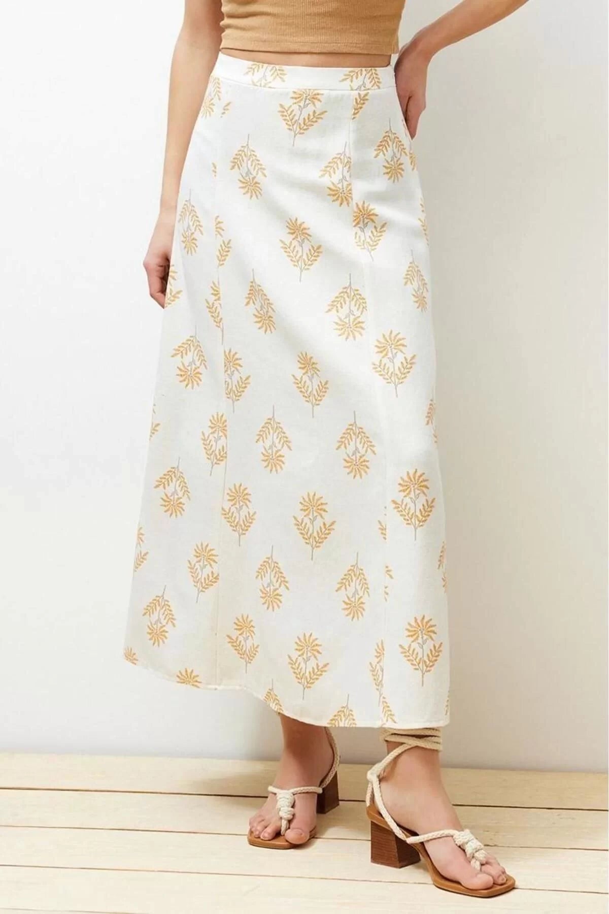 Fashion Regular Floral Pattern Casual Midi Length A-Line Midi Length Woven Linen Blend Skirt