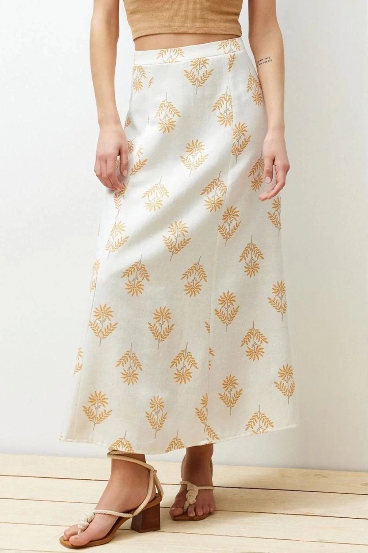 Fashion Regular Floral Pattern Casual Midi Length A-Line Midi Length Woven Linen Blend Skirt