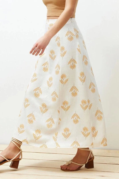 Fashion Regular Floral Pattern Casual Midi Length A-Line Midi Length Woven Linen Blend Skirt