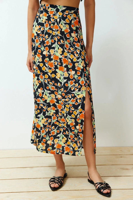 Fashion Regular Floral Pattern Casual Midi Length Viscose Fabric Slit Midi Woven Skirt