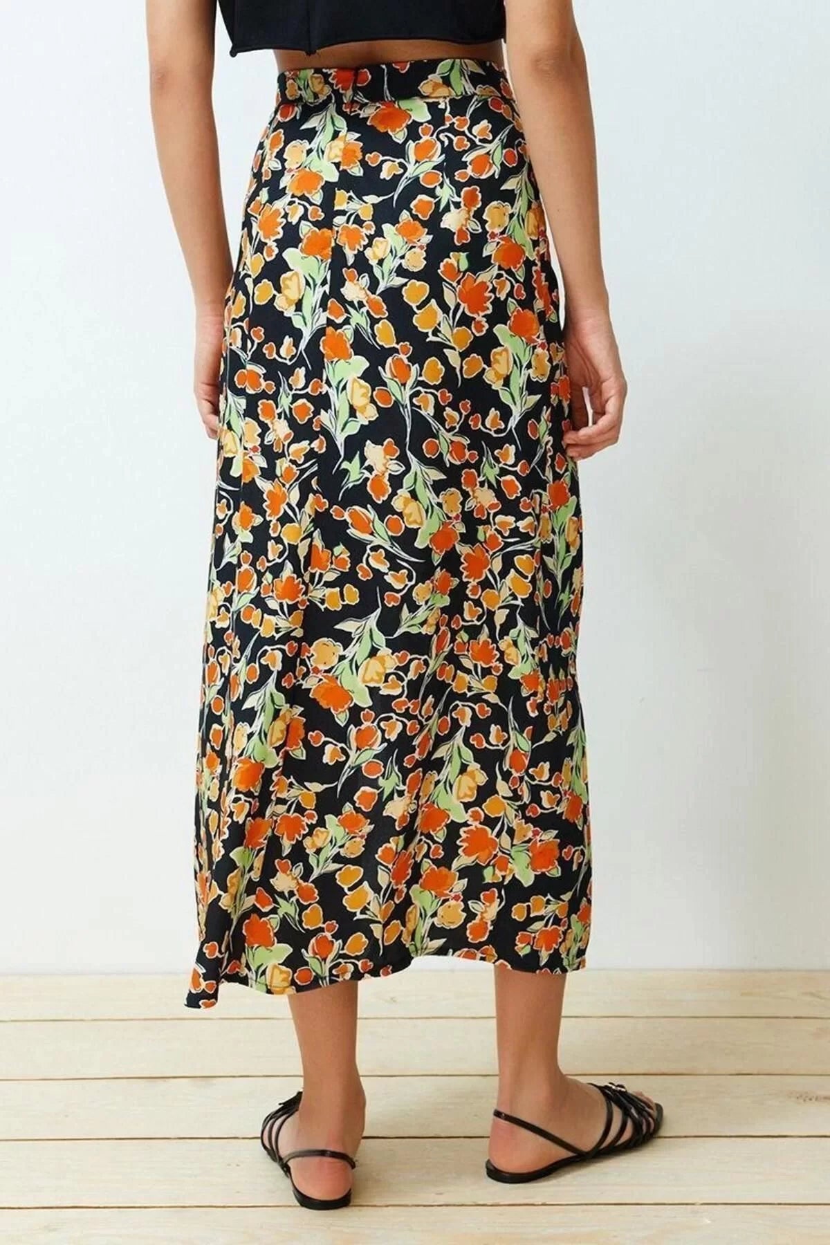 Fashion Regular Floral Pattern Casual Midi Length Viscose Fabric Slit Midi Woven Skirt