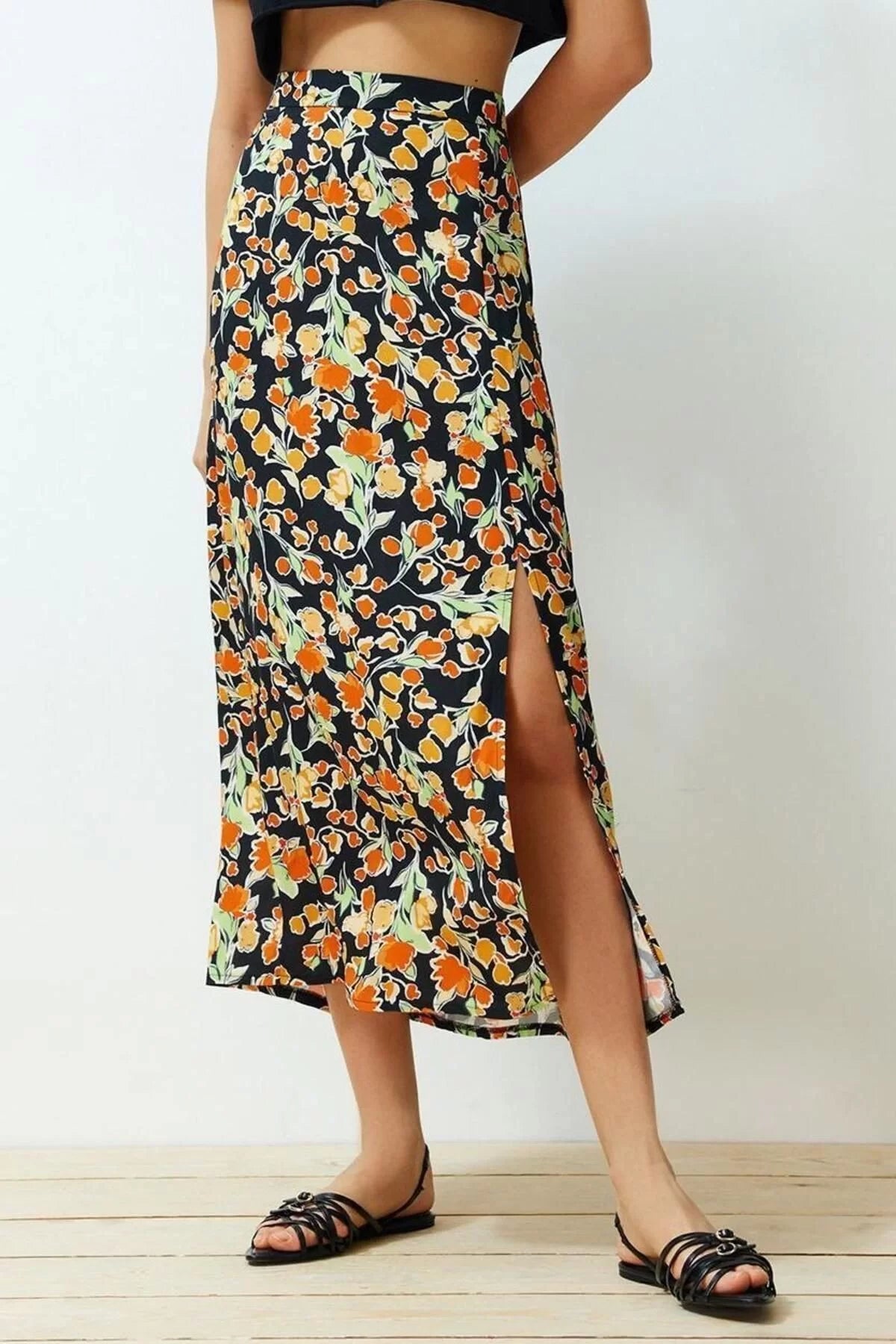 Fashion Regular Floral Pattern Casual Midi Length Viscose Fabric Slit Midi Woven Skirt