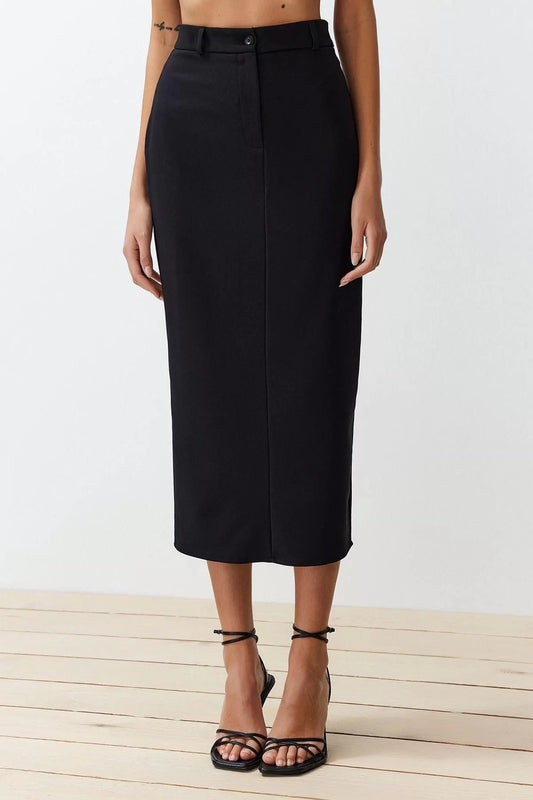 Fashion Pencil Plain Pattern Casual Midi Length Waist Detailed Pencil Straight Cut Midi Length Woven Skirt