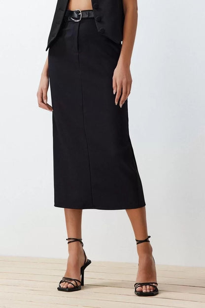 Fashion Pencil Plain Pattern Casual Midi Length Waist Detailed Pencil Straight Cut Midi Length Woven Skirt