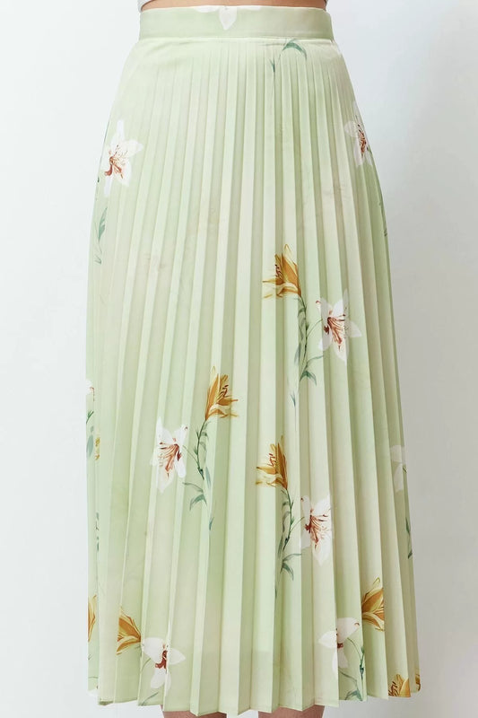 Fashion Regular Floral Pattern Casual Maxi Length Pleated Satin Fabric Maxi Length Woven Skirt