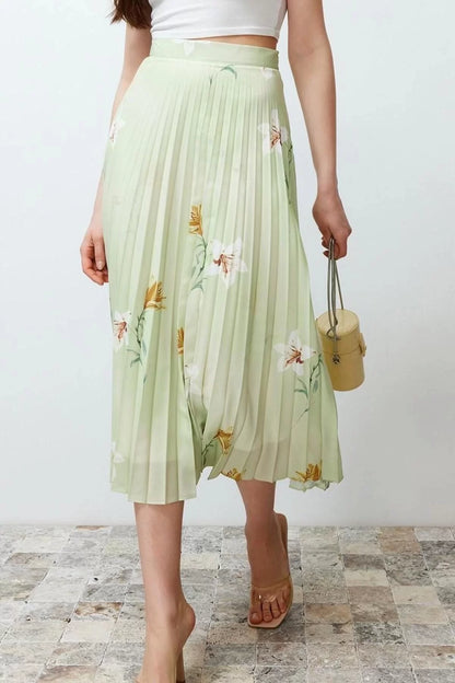 Fashion Regular Floral Pattern Casual Maxi Length Pleated Satin Fabric Maxi Length Woven Skirt