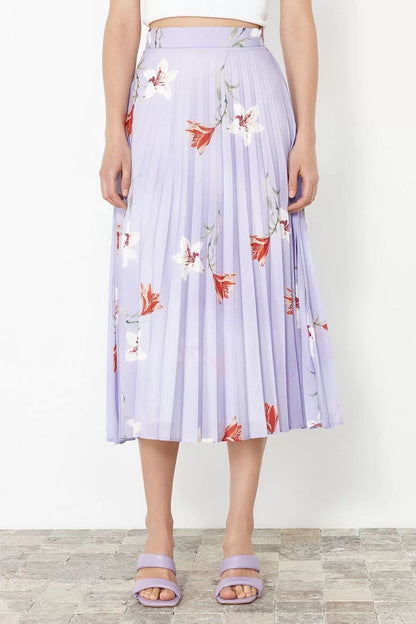 Fashion Regular Floral Pattern Casual Maxi Length Pleated Satin Fabric Maxi Length Woven Skirt