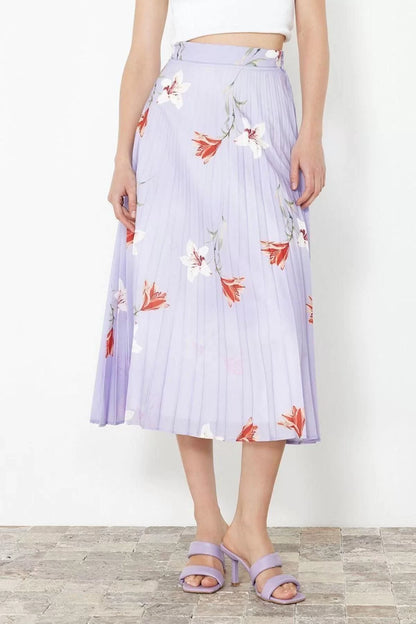 Fashion Regular Floral Pattern Casual Maxi Length Pleated Satin Fabric Maxi Length Woven Skirt