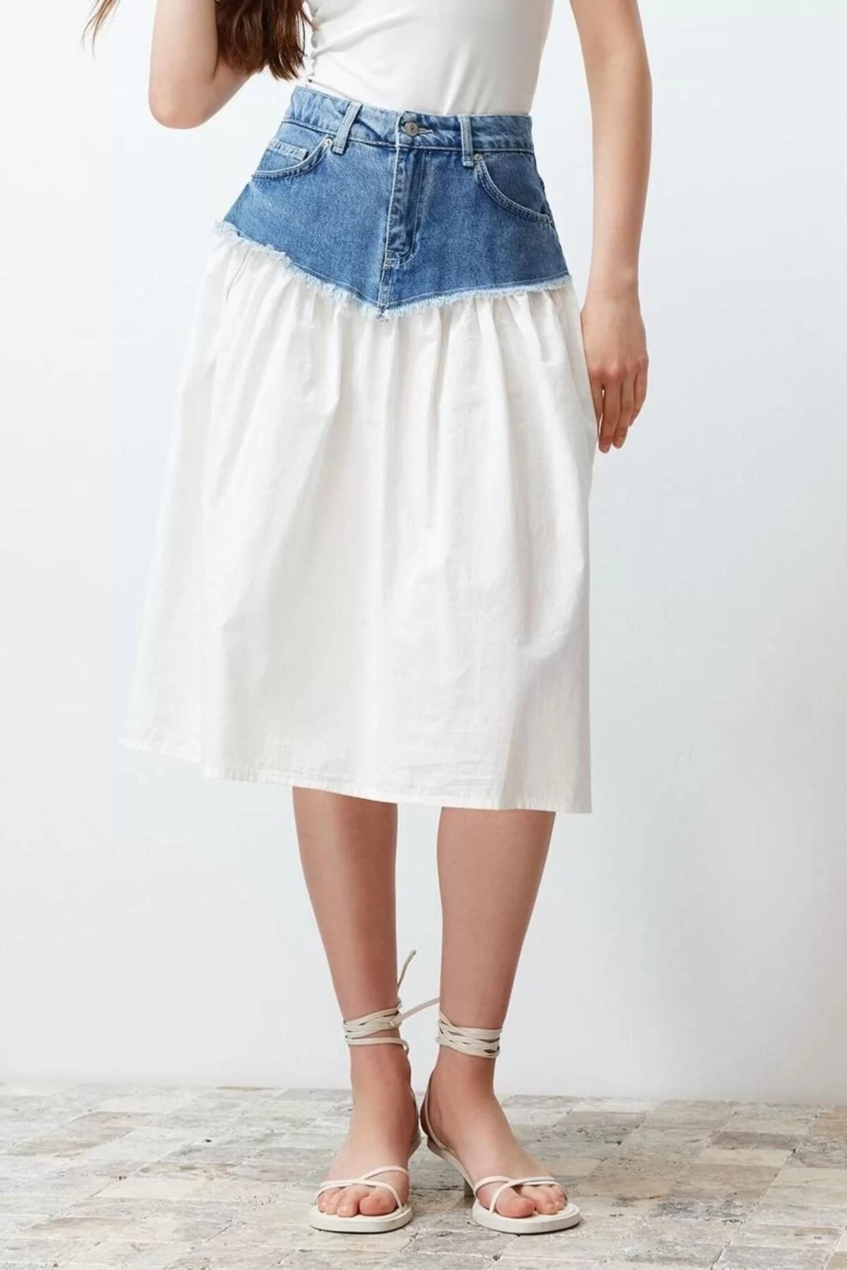 Fashion Denim Plain Pattern Casual Midi Length Color Block High Waist Midi Denim Skirt