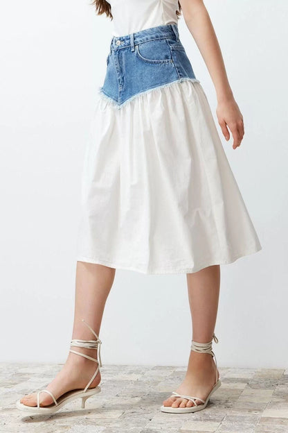 Fashion Denim Plain Pattern Casual Midi Length Color Block High Waist Midi Denim Skirt