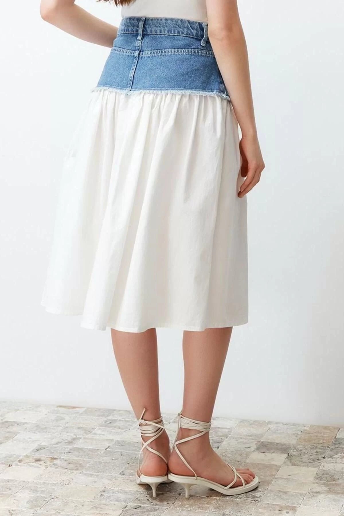 Fashion Denim Plain Pattern Casual Midi Length Color Block High Waist Midi Denim Skirt