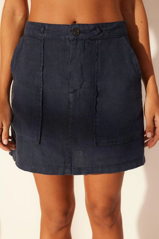 Fashion Denim Plain Pattern Casual Mini Length 100% Linen Pocket Detailed Mini Skirt