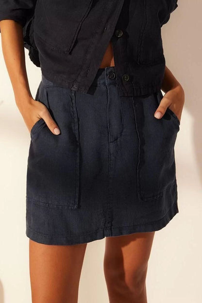 Fashion Denim Plain Pattern Casual Mini Length 100% Linen Pocket Detailed Mini Skirt