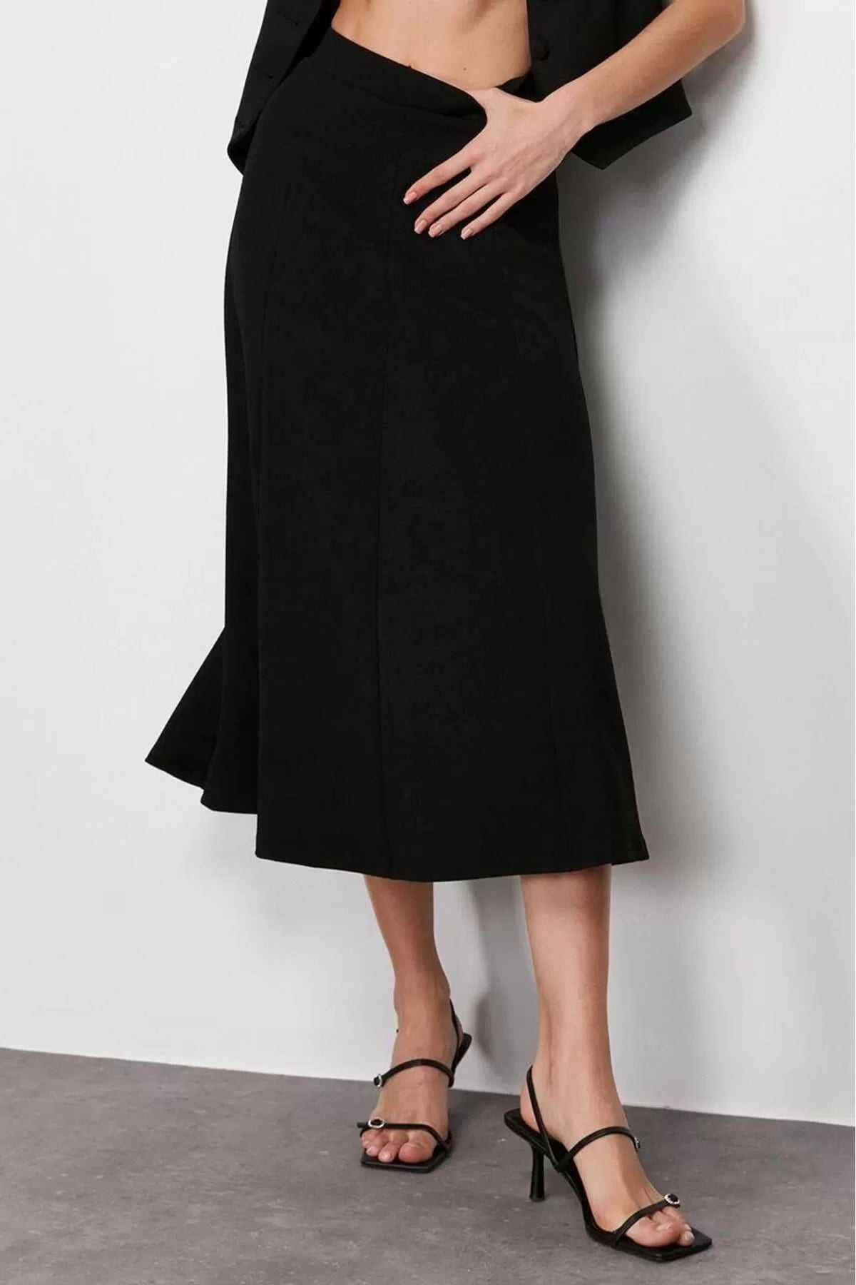 Fashion Regular Plain Pattern Casual Midi Length Flared Maxi Flexible Knitted Skirt