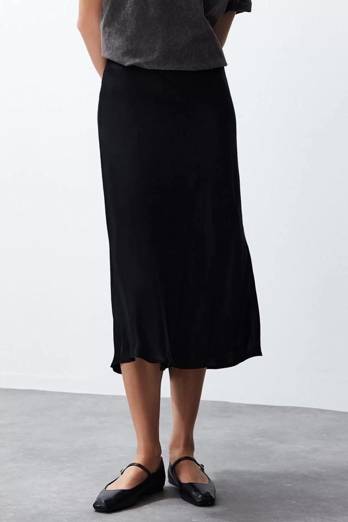 Fashion Regular Plain Pattern Casual Midi Length A-line Satin Fabric Midi Length Woven Skirt