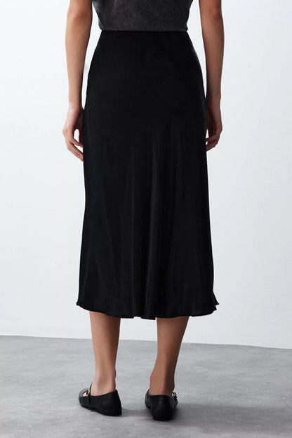 Fashion Regular Plain Pattern Casual Midi Length A-line Satin Fabric Midi Length Woven Skirt