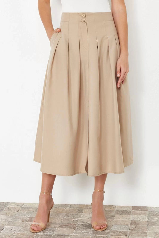 Fashion Regular Plain Pattern Daily Maxi Length Pleated Detailed Front Buttoned Midi Length Woven Skirt