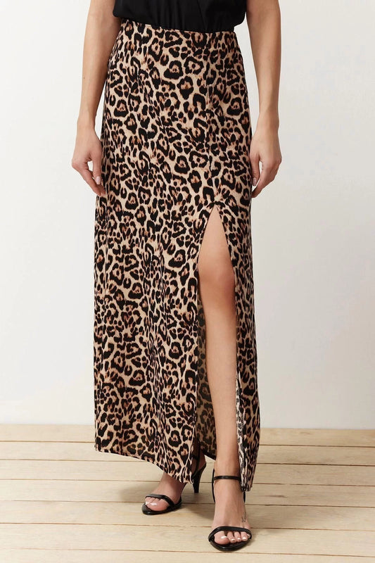 Fashion Regular Printed Pattern Daily Maxi Length Leopard Patterned Slit Detailed Viscose Fabric Woven Skirt