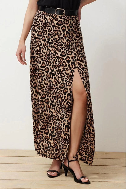 Fashion Regular Printed Pattern Daily Maxi Length Leopard Patterned Slit Detailed Viscose Fabric Woven Skirt