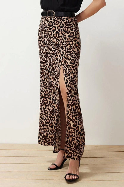 Fashion Regular Printed Pattern Daily Maxi Length Leopard Patterned Slit Detailed Viscose Fabric Woven Skirt