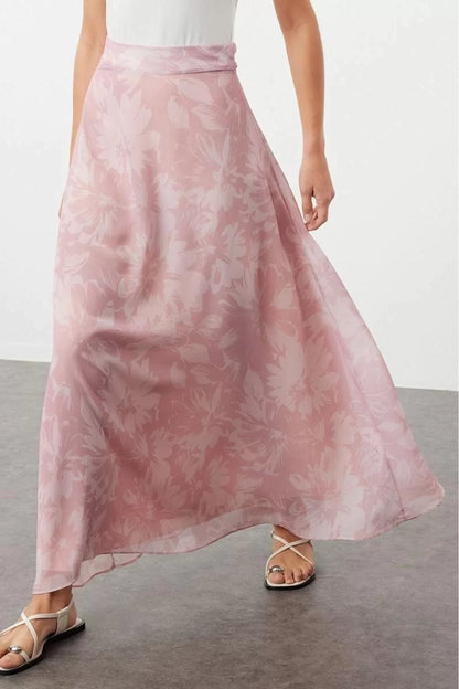 Fashion Regular Printed Pattern Casual Maxi Length A-line Pattern Flared Lined Chiffon Fabric Woven Skirt