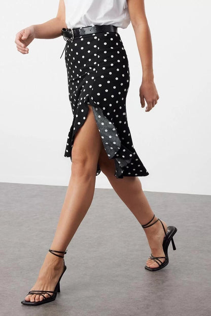 Style Regular Polka Dot Pattern Daily Floral Ruffle Slit Elastic Midi Knitted Skirt