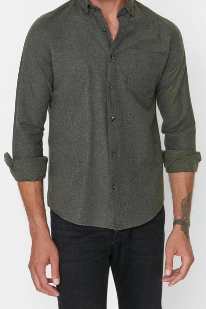 Fashion Men's Button-down Collar Plain Pattern Casual Single Pocket Shirt